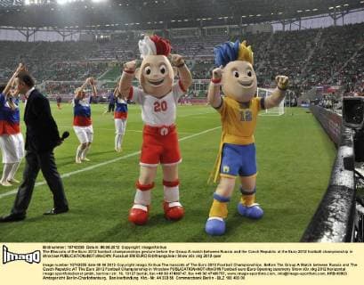 The Mascots of the Euro 2012 football championships gesture before the Group A match between Russia and the Czech Republic at the Euro 2012 football championship in Wroclaw 