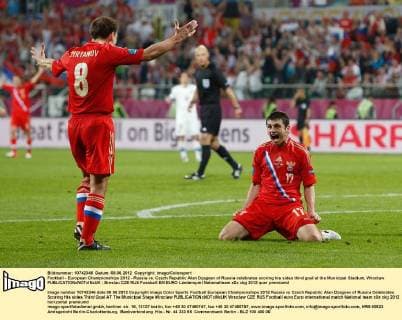 Football - European Championships 2012 - Russia vs. Czech Republic Alan Dzagoev of Russia celebrates scoring his sides third goal at the Municipal Stadium, Wroclaw 