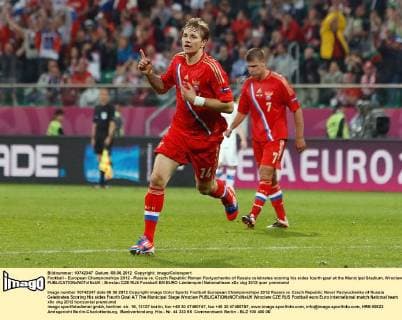 Football - European Championships 2012 - Russia vs. Czech Republic Roman Pavlyuchenko of Russia celebrates scoring his sides fourth goal at the Municipal Stadium, Wroclaw 