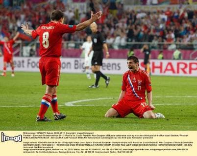 Football - European Championships 2012 - Russia vs. Czech Republic Alan Dzagoev of Russia celebrates scoring his sides third goal at the Municipal Stadium, Wroclaw 