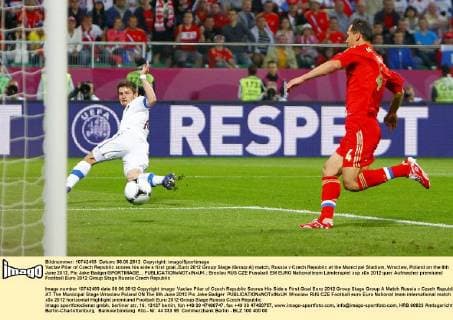 Vaclav Pilar of Czech Republic scores his side s first goal..Euro 2012 Group Stage (Group A) match, Russia v Czech Republic at the Municipal Stadium, Wroclaw, Poland on the 8th June 2012. Pic Jake Badger SPORTIMAGE... EDITORIAL USE ONLY. No use with unauthorised audio, video, data, fixture lists, club league logos or live services. Online in-match use limited to 120 images, no video emulation. No use in betting, games or single club league player publications.