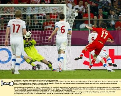 Alan Dzagoev of Russia scores his side s third goal..Euro 2012 Group Stage (Group A) match, Russia v Czech Republic at the Municipal Stadium, Wroclaw, Poland on the 8th June 2012. Pic Jake Badger SPORTIMAGE... EDITORIAL USE ONLY. No use with unauthorised audio, video, data, fixture lists, club league logos or live services. Online in-match use limited to 120 images, no video emulation. No use in betting, games or single club league player publications.