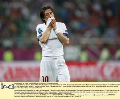 A dejected Tomas Rosicky of Czech Republic..Euro 2012 Group Stage (Group A) match, Russia v Czech Republic at the Municipal Stadium, Wroclaw, Poland on the 8th June 2012. Pic Jake Badger SPORTIMAGE... EDITORIAL USE ONLY. No use with unauthorised audio, video, data, fixture lists, club league logos or live services. Online in-match use limited to 120 images, no video emulation. No use in betting, games or single club league player publications.