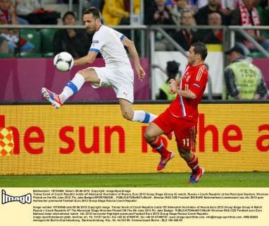 Tomas Sivok of Czech Republic holds off Aleksandr Kerzhakov of Russia..Euro 2012 Group Stage (Group A) match, Russia v Czech Republic at the Municipal Stadium, Wroclaw, Poland on the 8th June 2012. Pic Jake Badger SPORTIMAGE... EDITORIAL USE ONLY. No use with unauthorised audio, video, data, fixture lists, club league logos or live services. Online in-match use limited to 120 images, no video emulation. No use in betting, games or single club league player publications.