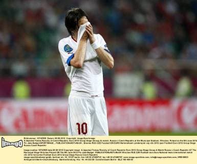 A dejected Tomas Rosicky of Czech Republic..Euro 2012 Group Stage (Group A) match, Russia v Czech Republic at the Municipal Stadium, Wroclaw, Poland on the 8th June 2012. Pic Jake Badger SPORTIMAGE... EDITORIAL USE ONLY. No use with unauthorised audio, video, data, fixture lists, club league logos or live services. Online in-match use limited to 120 images, no video emulation. No use in betting, games or single club league player publications.