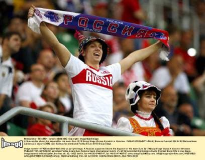 A Russian fan shows his support for his team..Euro 2012 Group Stage (Group A) match in Wroclaw EDITORIAL USE ONLY. No use with unauthorised audio, video, data, fixture lists, club league logos or live services. Online in-match use limited to 120 images, no video emulation. No use in betting, games or single club league player publications.