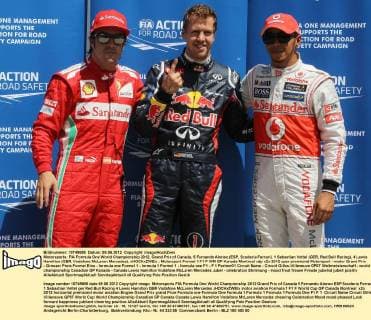Motorsports: FIA Formula One World Championship 2012, Grand Prix of Canada, 5 Fernando Alonso (ESP, Scuderia Ferrari), 1 Sebastian Vettel (GER, Red Bull Racing), 4 Lewis Hamilton (GBR, Vodafone McLaren Mercedes), xHOCHxZWEIx