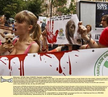 Second international march against slaughter of stray animals ???Fair Play??? has taken place.The action purpose is to pay tribute to the slain animals, a boycott to EURO 2012 (not only by reason of mass annihilation of animals, but also of inadmissible dictatorship policy in Ukraine, destruction of historical values and extinguishment of green zones in Ukraine).Participants in the march passed near the EURO 2012 fan zone, chanting slogans in protection of stray pets and calling to boycott EURO 2012. 