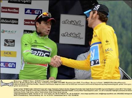 Podium : Bradley Wiggins from Sky Team - Cadel Evans from BMC CYCLISME : Dauphine Libere 2012 - 7 eme Etape - Morzine to Chatel - 10 06 2012 PhotoNews Panoramic 