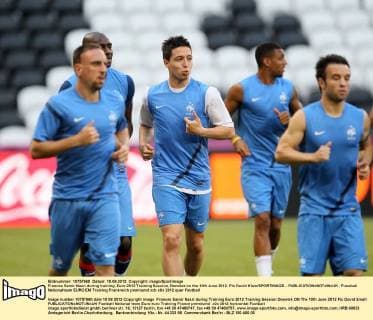 Frances Samir Nasri during training..Euro 2012 Training Session, Donetsk on the 10th June 2012. Pic David Klein SPORTIMAGE... EDITORIAL USE ONLY. No use with unauthorised audio, video, data, fixture lists, club league logos or live services. Online in-match use limited to 120 images, no video emulation. No use in betting, games or single club league player publications.