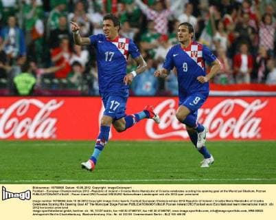 Football - European Championships 2012 - Republic of Ireland v Croatia Mario Mandzukic of Croatia celebrates scoring his opening goal at the Municipal Stadium, Poznan 