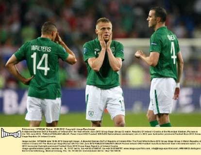 A dejected Damien Duff of Republic of Ireland after the final whistle..Euro 2012 Group Stage (Group C) match, Republic Of Ireland v Croatia at the Municipal Stadium, Poznan on the 10th June 2012. EDITORIAL USE ONLY. No use with unauthorised audio, video, data, fixture lists, club league logos or live services. Online in-match use limited to 120 images, no video emulation. No use in betting, games or single club league player publications.