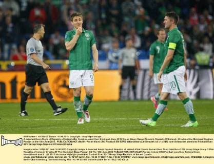A dejected Kevin Doyle of Republic of Ireland after Croatia scored their third goal..Euro 2012 Group Stage (Group C) match, Republic Of Ireland v Croatia at the Municipal Stadium, Poznan on the 10th June 2012. EDITORIAL USE ONLY. No use with unauthorised audio, video, data, fixture lists, club league logos or live services. Online in-match use limited to 120 images, no video emulation. No use in betting, games or single club league player publications.