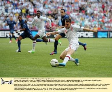 Football - UEFA Euro 2012 - France vs. England England s James Milner beats Hugo Lloris of France but shoots wide at the Donbass Arena, Donetsk, Ukraine 