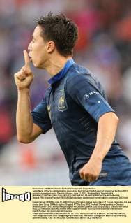 Samir Narsi of France celebrates his goal during their Group D match against England at the Euro 2012 football championships in Donetsk, Ukraine, June 11, 2012. (Xinhua Meng Yongmin)(kh) UKRAINE-DONETSK-EURO 2012-GROUP D-ENGLAND VS FRANCE 