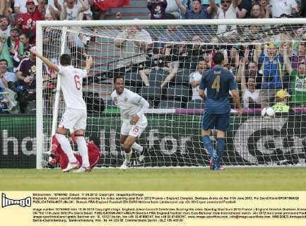Englands Joleon Lescott celebrates scoring his sides opening goal Euro 2012 France v England, Donetsk, Donbass Arena on the 11th June 2012. Pic David Klein SPORTIMAGE EDITORIAL USE ONLY. No use with unauthorised audio, video, data, fixture lists, club league logos or live services. Online in-match use limited to 120 images, no video emulation. No use in betting, games or single club league player publications.