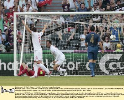 Englands Joleon Lescott celebrates scoring his sides opening goal Euro 2012 France v England, Donetsk, Donbass Arena on the 11th June 2012. Pic David Klein SPORTIMAGE EDITORIAL USE ONLY. No use with unauthorised audio, video, data, fixture lists, club league logos or live services. Online in-match use limited to 120 images, no video emulation. No use in betting, games or single club league player publications.