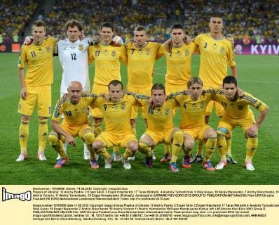 Players of Ukraine: 12 Andriy Pyatov, 2 Evgen Selin, 3 Evgen Khacheridi, 17 Taras Mikhalik, 4 Anatoliy Tymoshchuk, 9 Oleg Gusev, 18 Sergiy Nazarenko, 7 Andriy Shevchenko, 10 Andriy Voronin, 11 Andriy Yarmolenko, 19 Evgen Konoplyanka (Xinhua Li Jundong)(lm) UKRAINE-KIEV-EURO 2012-GROUP D-