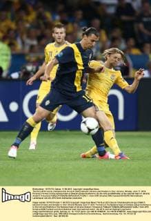 The Euro 2012 soccer championship Group D match between Ukraine and Sweden in Kiev, Ukraine, Monday, June 11, 2012. Pictured: Forward of the national team of Sweden Zlatan Ibrahimovic (to the left) and Midfielder of the national team of Ukraine Anatolii Timoschuk 
