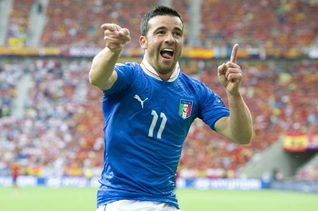 Antonio DI NATALE (ITA) jubelt über sein Tor zum 1:0 für Italien, Jubel, jubeln, Freude, cheers, Torjubel, Gestik, Geste, halbe Figur, Halbfigur, Gruppe C, Spiel 5, Spanien (ESP) - Italien (ITA) 1:1, am 10.06.2012 in D a n z i g P o l e n Fussball UEFA EURO 2012 P o l e n U k r a i n e vom 08.06. - 01.07.2012.