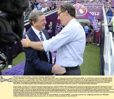 v.li:Roy HODGSON,Trainer England begrüßt Laurent BLANC,Trainer FRA. ,Spiel 7,Gruppe D, Frankreich (FRA)-England (ENG), am 11.06.2012 in Donetsk. Fussball UEFA EURO 2012 P o l e n U k r a i n e vom 08.06. - 01.07.2012.