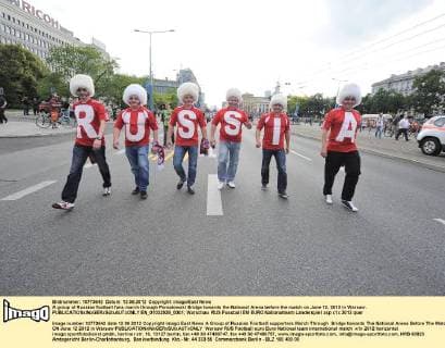 A group of Russian football fans march through Poniatowski Bridge towards the National Arena before the match on June 12, 2012 in Warsaw.  EN_01032928_0001