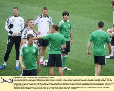 (L-R) goalkeeper Manuel Neuer of Germany,Bastian Schweinsteiger of Germany,Lukas Podolski of Germany,coach Joachim Löw of Germany - Training Group B: EURO 2012 xVIxWillemxJanxDijkdrentxIVx 971854