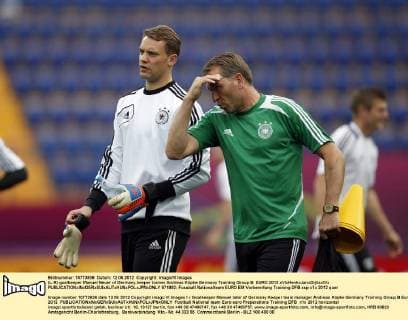 (L-R) goalkeeper Manuel Neuer of Germany,keeper trainer Andreas Köpke Germany Training Group B: EURO 2012 xVIxHenkxJanxDijksxIVx 971892