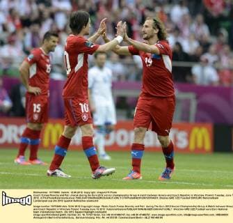 Czech Tomas Rosicky and Petr Jiracak during the Euro 2012 soccer championship Group A match between Greece and Czech Republic in Wroclaw, Poland, Tuesday, June 12, 2012. (CTKxPhoto KaterinaxSulova)  CTKPhoto830201206120784201