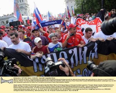 March of a group of approx. 5 thousend Russian football fans through Poniatowski Bridge towards the National Arena before the match Poland vs. Russia on June 12, 2012 in Warsaw, Poland. The marche  EN_01032931_0012