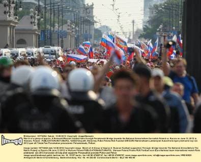March of a group of approx. 5 thousend Russian football fans through Poniatowski Bridge towards the National Arena before the match Poland vs. Russia on June 12, 2012 in Warsaw, Poland -  12062012toja44