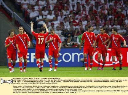 Alan Dzagoev of Russia celebrates scoring his side s first goal..Euro 2012 Group Stage (Group A) match, Poland v Russia at the Warsaw National Stadium, Warsaw, Poland on the 12th June 2012. Pic Jake Badger SPORTIMAGE... EDITORIAL USE ONLY. No use with unauthorised audio, video, data, fixture lists, club league logos or live services. Online in-match use limited to 120 images, no video emulation. No use in betting, games or single club league player publications.