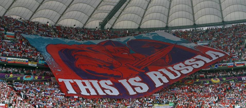A giant flag proclaims This is Russia at the National Stadium 