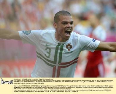 LVIV, June 13, 2012 -- Pepe of Portugal celebrates after scoring during the Group B 2nd round match against Denmark in Lviv, Ukraine, June 13, 2012. (Xinhua Ma Ning) (jyc) UKRAINE-LVIV-EURO 2012 FOOTBALL CHAMPIONSHIPS-DENMARK VS PORTUGAL 