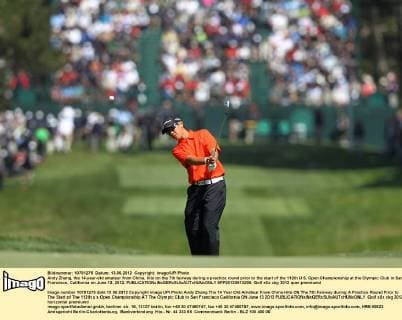 Andy Zhang, the 14-year-old amateur from China, hits on the 7th fairway during a practice round prior to the start of the 112th U.S. Open Championship at the Olympic Club in San Francisco, California on June 13, 2012.  SFP20120613206