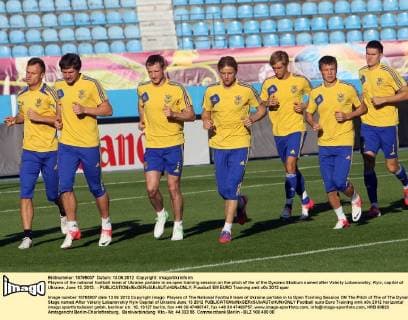 Players of the national football team of Ukraine partake in an open training session on the pitch of the of the Dynamo Stadium named after Valeriy Lobanovskiy, Kyiv, capital of Ukraine, June 13, 2012. - 
