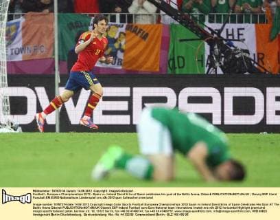 Football - European Championships 2012 - Spain vs. Ireland David Silva of Spain celebrates his goal at the Baltic Arena, Gdansk 