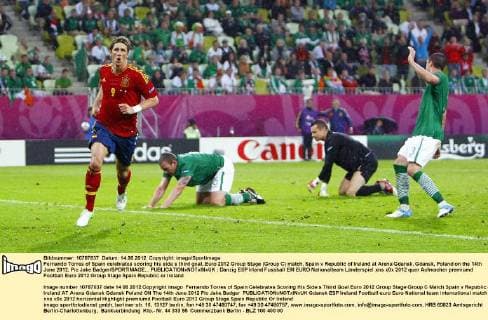 Fernando Torres of Spain celebrates scoring his side s third goal..Euro 2012 Group Stage (Group C) match, Spain v Republic of Ireland at Arena Gdansk, Gdansk, Poland on the 14th June 2012. Pic Jake Badger SPORTIMAGE... EDITORIAL USE ONLY. No use with unauthorised audio, video, data, fixture lists, club league logos or live services. Online in-match use limited to 120 images, no video emulation. No use in betting, games or single club league player publications.