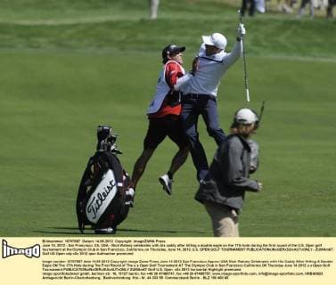 June 14, 2012 - San Francisco, CA, USA - Nick Watney celebrates with his caddy after hitting a double eagle on the 17th hole during the first round of the U.S. Open golf tournament at the Olympic Club in San Francisco, California, on Thursday, June 14, 2012. U.S. OPEN GOLF TOURNAMENT - ZUMAm67