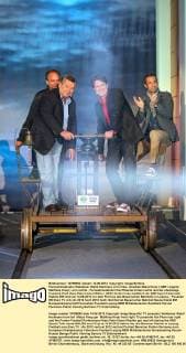 Fernsehmoderator Waldemar Waldi Hartmann vorn links, omedian Matze Knop ( GER eigentl. Matthias Knop ) vorn rechts , Fernsehmoderator Kai Pflaume hinten rechts und der ehemalige Fussball-Profi Hans-Peter Hansi Müller ( GER ) hinten links anläßlich der ARD Sport-Talkrunde Waldis EM Club am 14.06.2012 vor dem Porticus des Bayerischen Bahnhofs in Leipzig.