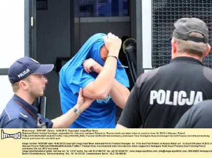 Detained Polish football hooligan, resposible for riots prior and post Poland vs. Russia match are taken taken to court on June 14, 2012 in Warsaw, Poland  EN_01033450_0003