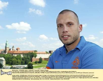 John Heitinga of Holland Netherlands Press Conference Group B: UEFA EURO 2012 2011 2012 xVIxMAURICExVANxSTEENxIVx 977620