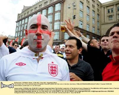 The football fans of the national team of England in the UEFA EURO 2012 fan zone in the Kyiv downtown. 