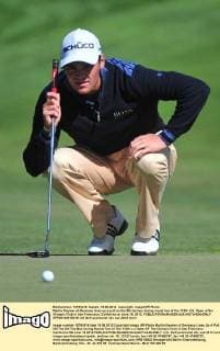 Martin Kaymer of Germany lines up a putt on the 5th tee box during round two of the 112th U.S. Open at the Olympic Club in San Francisco, California on June 15, 2012.  SFP20120615318