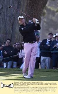 Graeme McDowell of Northern Ireland tees off on the 18th hole in day two of the U.S. Open at the Olympic Club in San Francisco on June 15, 2012.  SFP2012061510