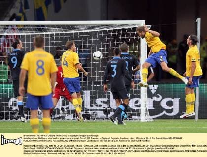 Swedens Olof Mellberg scoring his sides second goal..Euro 2012 Sweden v England, Olympic Stadium, Kiev, 15th June 2012. Pic David Klein SPORTIMAGE... EDITORIAL USE ONLY. No use with unauthorised audio, video, data, fixture lists, club league logos or live services. Online in-match use limited to 120 images, no video emulation. No use in betting, games or single club league player publications.