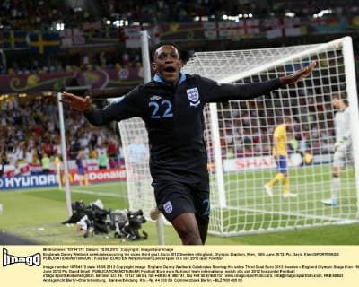 Englands Danny Welbeck celebrates scoring his sides third goal..Euro 2012 Sweden v England, Olympic Stadium, Kiev, 15th June 2012. Pic David Klein SPORTIMAGE EDITORIAL USE ONLY. No use with unauthorised audio, video, data, fixture lists, club league logos or live services. Online in-match use limited to 120 images, no video emulation. No use in betting, games or single club league player publications.