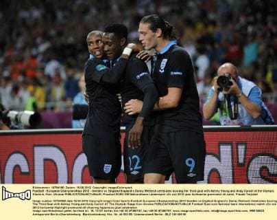 Football - European Championships 2012 - Sweden vs. England England s Danny Welbeck celebrates scoring the third goal with Ashley Young and Andy Carroll at the Olympic Stadium, Kiev, Ukraine 