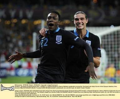 Football - European Championships 2012 - Sweden vs. England England s Danny Welbeck celebrates scoring the third goal with Andy Carroll at the Olympic Stadium, Kiev, Ukraine 