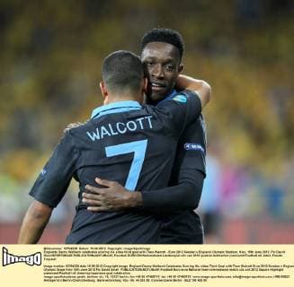 Englands Danny Welbeck celebrates scoring his sides third goal with Theo Walcott - Euro 2012 Sweden v England, Olympic Stadium, Kiev, 15th June 2012. Pic David Klein SPORTIMAGE EDITORIAL USE ONLY. No use with unauthorised audio, video, data, fixture lists, club league logos or live services. Online in-match use limited to 120 images, no video emulation. No use in betting, games or single club league player publications.